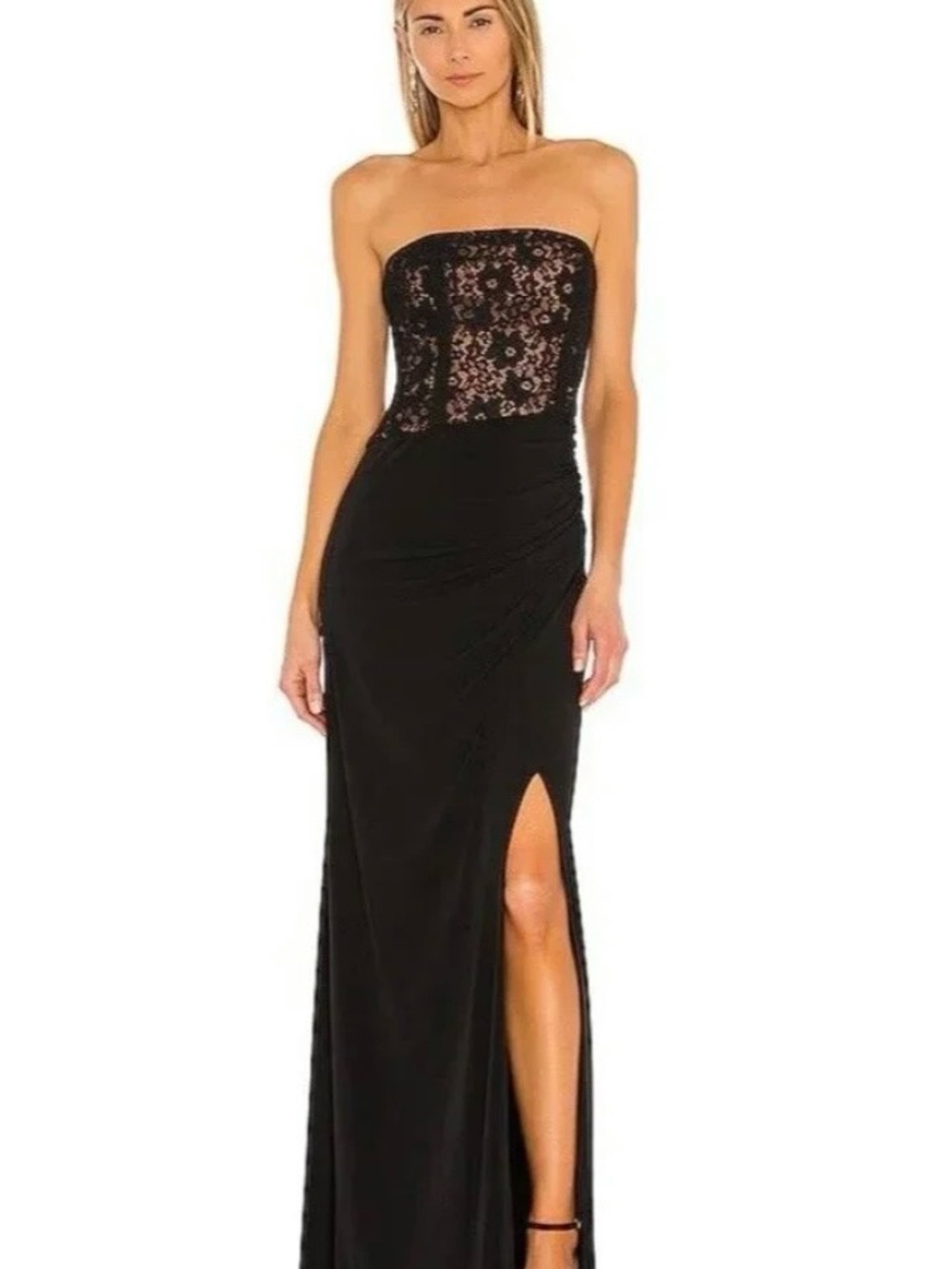 BCBGMaxAzria Strapless Black Lace Bodice Evening Gown with Side Slit